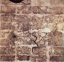 An early Western Han dynasty (202 BC - 9 AD) silk map found in tomb 3 of Mawangdui Han tombs site, depicting the Kingdom of Changsha and Kingdom of Nanyue in southern China (note: the south direction is oriented at the top, north at the bottom). Western Han Mawangdui Silk Map.JPG
