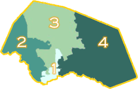 Carte du comté découpé en quatre secteurs numérotés