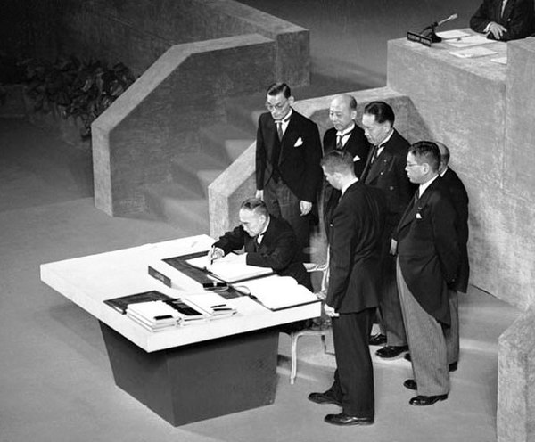 Shigeru Yoshida, Prime Minister of Japan signing the San Francisco Peace Treaty on September 8, 1951 at the War Memorial Opera House in San Francisco,