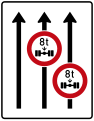 Zeichen 528–31 Fahrstreifentafel – ohne Gegenverkehr mit integriertem Zeichen 263 – dreistreifig in Fahrtrichtung