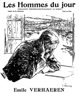 Portrait de Verhaeren dessiné par Aristide Delannoy, Les Hommes du jour, no 82, 14 août 1909.