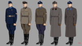 Et utvalg uniformer for soldatene i Den røde armé 1936–40. Her er både båtlue, skyggelue (høylue) og «budjonovja».