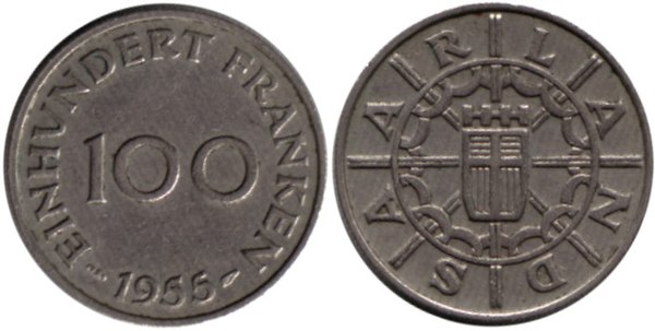 100 Saar francs reverse and obverse