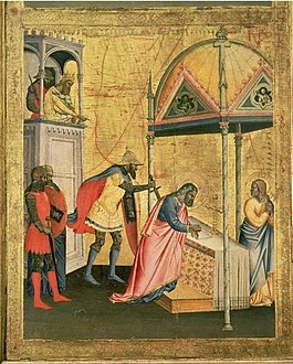 Dria Orcagna e Jacopo do Cione, San Matê e quàttro stöie da seu vìtta, 1367-1368, (part.) (Uffizi)