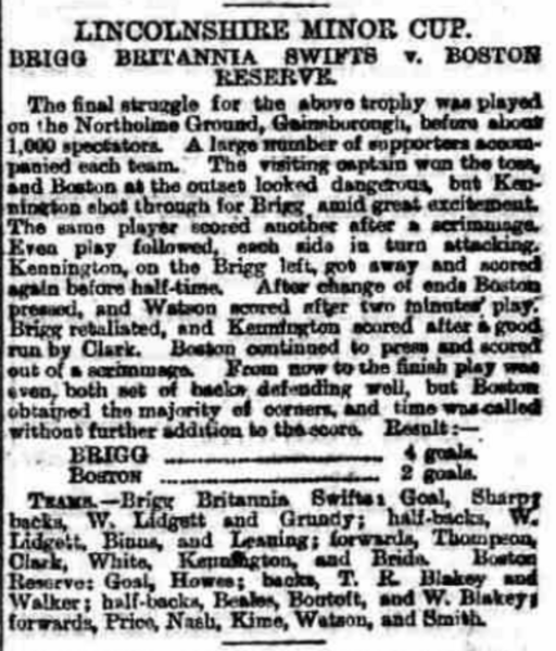 File:1888 Lincolnshire Shield Final, Brigg Britannia 4–2 Boston, Sheffield Daily Telegraph, 9 April 1888.png