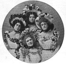 Members of the Boston Cadets performing as the "Jollity Theatre Ballet," 1898 1898 JollityTheatreBallet BostonCadets HarpersWeekly v42 no2145 photo by ElmerChickering.png