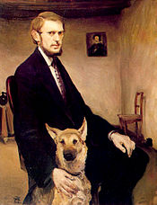 Miroslav Kraljevic self-portrait with dog 1910, Miroslav Kraljevic, Autoportret sa psom, ulje, 110x85,5, Moderna galerija Zagreb.jpg