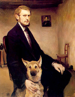 1910, Miroslav Kraljevic, Autoportret sa psom, ulje, 110x85,5, Moderna galerija Zagreb.jpg