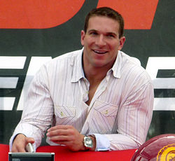 Brandon Hancock on the set of an ESPN Radio 710 broadcast from outside the Los Angeles Memorial Coliseum 2008-1101-USC-BrandonHancock1.jpg