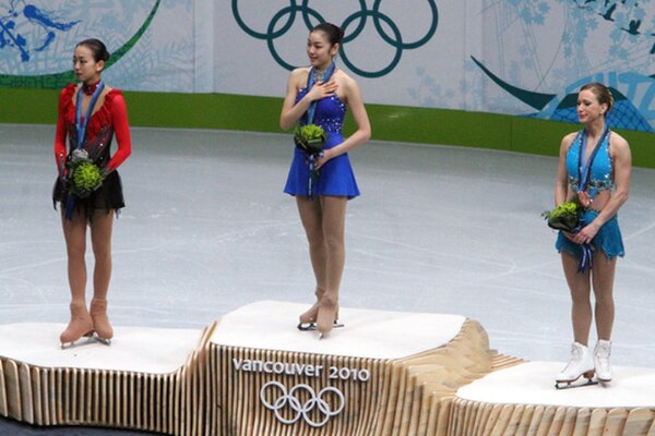 2010 Winter Olympic - Figure skating Ladies podium - Yuna Kim (1st), Mao Asada (2nd), Joannie Rochette (3rd).