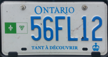Personalized license plate with a Franco-Ontarian flag 2011 Ontario license plate 56FL12 Franco-Ontarian TANT A DECOUVRIR.png