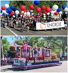 After much controversy LGBTQ marchers including some from the LGBT-Mormon organizations Encircle and Mormons Building Bridges were allowed to openly march in Provo's 4th of July parade for the first time. 2018 Provo 4th of July Parade LGBT Mormon Marchers.jpg