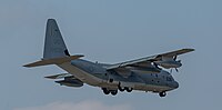 A United States Marine Corps KC-130J, registration number 169535, on final approach at Kadena Air Base in Okinawa, Japan. The aircraft belongs to VMGR-152 at Marine Corps Air Station Iwakuni.