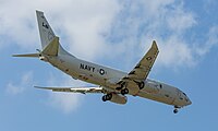 A Boeing P-8 Poseidon, tail number 168761, on final approach at Kadena Air Base in Okinawa, Japan. It is assigned to Patrol Squadron 45 (VP-45) at NAS Jacksonville, Florida, United States.