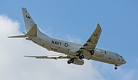 A Boeing P-8 Poseidon, tail number 168761, on final approach at Kadena Air Base in Okinawa, Japan. It is assigned to Patrol Squadron 45 (VP-45) at NAS Jacksonville, Florida, United States.