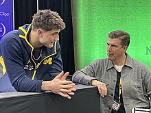 Davis interviewing Michigan Wolverines TE Colston Loveland ahead of the 2024 CFP National Championship. 2024-0106-Rece Davis interview.jpg