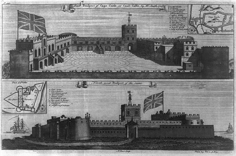 File:2 views of "Cape Corse, or Coast Castle, by Mr. Smith, 1727"; East and Northwest views of Cape Coast Castle, Gold Coast, West Africa LCCN2007677175.jpg