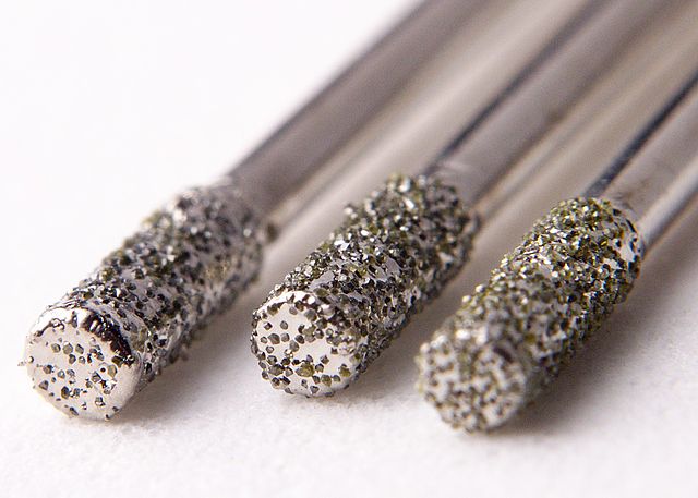 Diamond-coated 2 mm bits, used for drilling materials such as glass