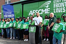 Moore rallying with AFSCME union members, 2023 AFSCME Event and Press Conference (53175517266).jpg