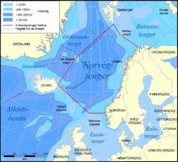 A Norvég-tenger hozzávetőleges határai (piros vonal), illetve mélysége
