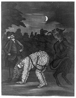 British satirical mezzotint print of a tarred and feathered man (1770). A tarred and feathered man standing on hands and feet with a rope attached to upper thighs and held by a man standing at left; the man on all fours looks back at a wild-eyed devil standing LCCN2004673301.jpg