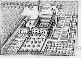 Planche gravée du XVIIe siècle représentant l'abbaye Saint-Basle de Verzy, dans le livre Monasticon Gallicanum.