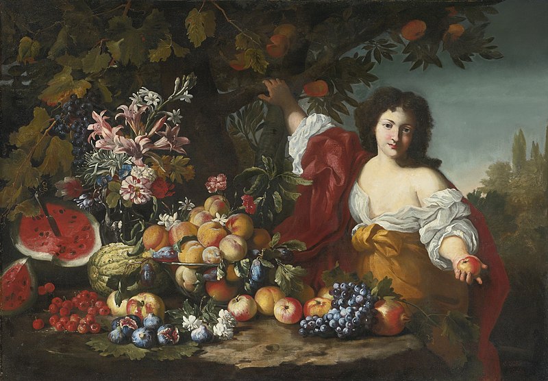 File:Abraham Brueghel, Guillaume Courtois - Still life of fruits and flowers with a figure.jpg