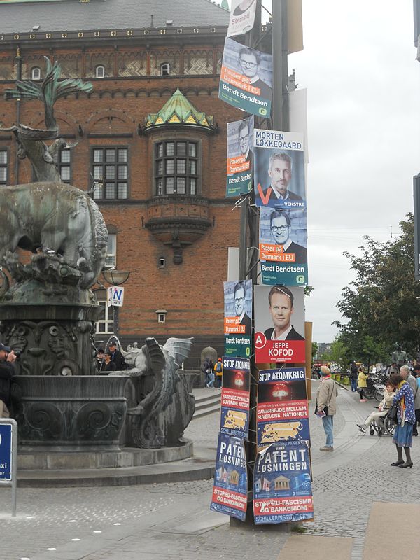 Electoral posters in Copenhagen in May 2014, for the European election. Posters for the Social Democrats, Conservatives, and Venstre appear here. The 