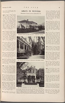 A page that talks about what the fashionable people of Aiken are doing in their lives. Includes three photos that show the homes of William C. Whitney, William K. Vanderbilt, and Thomas Hitchcock, Sr.