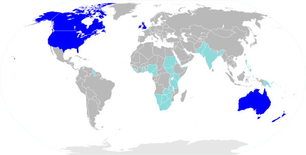 Persebaran bahasa Inggris. Negara-negara dengan warna biru tua memiliki mayoritas penutur asli bahasa Inggris; biru muda menjadikan bahasa Inggris sebagai bahasa resmi tetapi bukan bahasa utama. Bahasa Inggris juga merupakan salah satu Bahasa Resmi Uni Eropa dan PBB.[190]