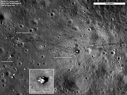 Lunar Reconnaissance Orbiter image of the Apollo 17 mission site taken in 2011, the Challenger descent stage is in the center, the Lunar Rover Vehicle appears in the lower right.