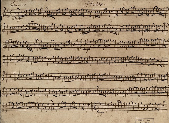 Individual sheet music of a sonata, written in the Baroque period.