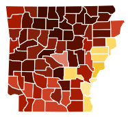Map of counties in Arkansas by racial plurality, per the 2020 U.S. census
Legend
Non-Hispanic White
.mw-parser-output .legend{page-break-inside:avoid;break-inside:avoid-column}.mw-parser-output .legend-color{display:inline-block;min-width:1.25em;height:1.25em;line-height:1.25;margin:1px 0;text-align:center;border:1px solid black;background-color:transparent;color:black}.mw-parser-output .legend-text{}
40-50%
50-60%
60-70%
70-80%
80-90%
90%+
Black or African American
40-50%
50-60%
60-70% Arkansas counties by race.svg
