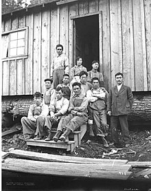 Asian-American loggers in Clallam Bay, Washington, c. 1919. Asian crew members, Goodyear Logging Company, ca 1919 (KINSEY 131).jpeg