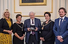 Sir David Attenborough in 2018 receiving an honorary award for his sustainability work from Bergen Business Council and Fana Sparebank