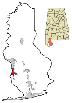 Baldwin County Alabama Obszary zarejestrowane i nieposiadające osobowości prawnej Fairhope Highlighted.svg