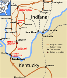 Bataille de Corydon avec Morgan's Raid dans le sud de l'Indiana.svg