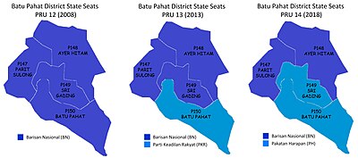 Comparison of the parliamentary seat results in Batu Pahat district with PRU-12 (year 2008), PRU-13 (year 2013) and PRU-14 (year 2018) Batu Pahat Parliamentary seats (2008, 2013, 2018).jpg