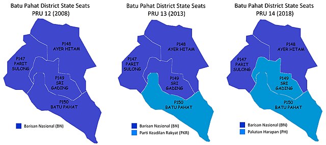 Comparison of the parliamentary seat results in Batu Pahat district with PRU-12 (year 2008), PRU-13 (year 2013) and PRU-14 (year 2018)