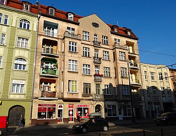 Tenement at Dworcowa Street 75 (1911–1912). Andrzej Schwalbe, the first director of Pomeranian Philharmonic from 1953 to 1991, lived there.