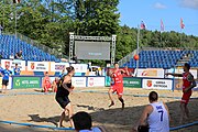 Deutsch: Beachhandball Europameisterschaften 2019 (Beach handball Euro); Tag 1: 2. Juli 2019 – Männer, Vorrunde Gruppe D, Polen-Schweden 2:1 (18:10, 15:9; 8:6) English: Beach handball Euro; Day 1: 2 July 2019 – Men Preliminary Round Group D – Poland-Sweden 2:1 (18:10, 15:9; 8:6)