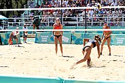 Deutsch: Beachvolleyball bei den Olympischen Jugendspielen 2018; Tag 9, 15. Oktober 2018; Mädchen, Viertelfinale: USA-Spanien 2–1 (21–19/17–21/15–9) English: Beach volleyball at the 2018 Summer Youth Olympics at 15 October 2018 – Girls Quarterfinals: USA-Spain 2–1 (21–19/17–21/15–9)