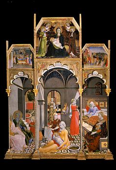Nașterea Fecioarei cu alte scene din viața ei, tempera și frunze de aur pe tablou pictat de Maestrul Tripticului Observanței, cca. 1428-39, Muzeul de Artă Sacră, Asciano.jpg