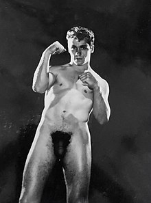 Photographs featuring frontal nudity such as this 1950s Bob Mizer photo could not be published, but were discreetly offered for sale directly to customers. Bob Mizer, Boxer.jpg