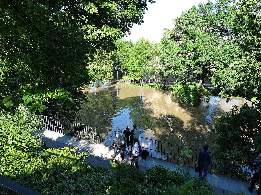 Gondelhafen während der "Jahrtausendflut" 2013. Von der Brühlschen Terrasse aus gesehen.