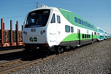 A GO Transit train with a cab car in Brampton, Ontario Brampton ON GOT-358 Cab-Car 2017-03-22.jpg