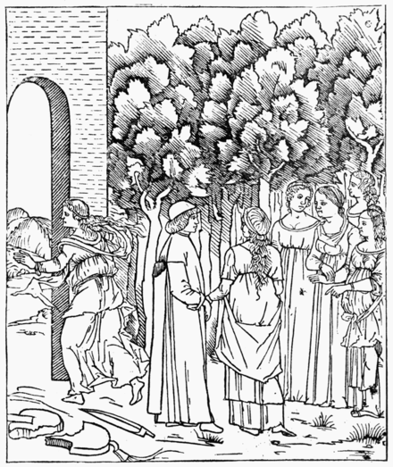POLIPHILO IN THE GARDEN From 'Hypnerotomachia Poliphili,' printed by Aldus at Venice in 1499