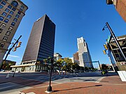 View of Cascade Plaza from Main and Bowery, with the PNC Center, Akron City Center Hotel, and Huntington Tower visible.