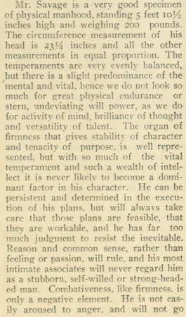 Phrenograph of Charles Roscoe Savage performed by Nephi Schofield in 1904. Published in the phrenological journal, the Character Builder.[87]