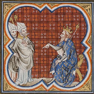 St. Gregory and Salvius in front of King Chilperic I, from the Grandes Chroniques de France de Charles V (14th-century illumination) Chilperic Ier et eveques.jpg